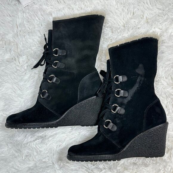 Cole Haan Nike Air Women Boot Sz 10 Black Suede Waterproof Wedge Heel Shearling - Picture 5 of 12